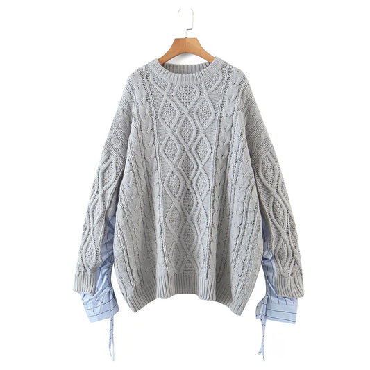 Pull ample mi-long à manches cousues vintage et col rond 7334