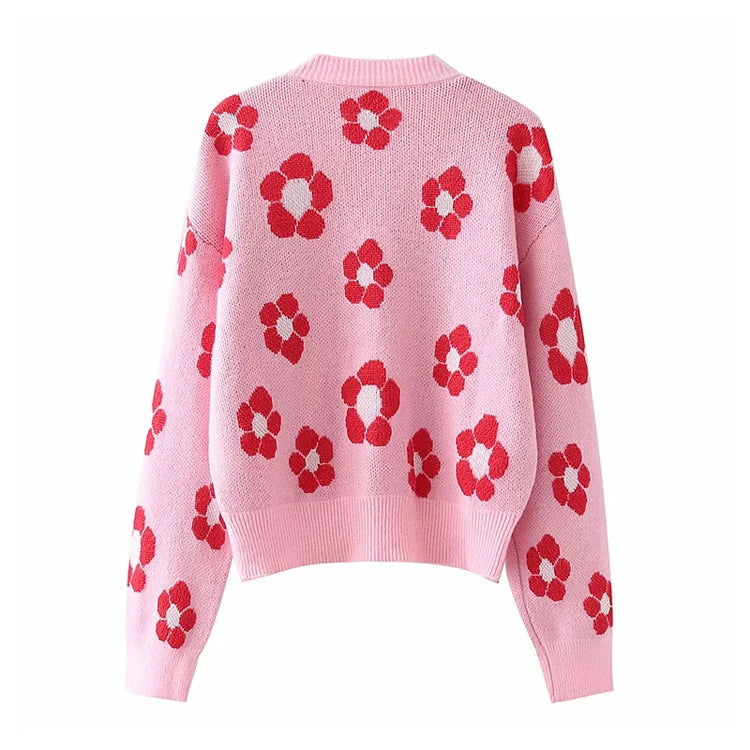 Nouveau cardigan tricoté en jacquard fleuri à col en V de style paresseux japonais 7295