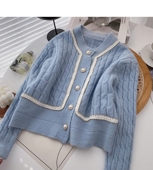 Haut court à col rond et boutons en perles de style coréen avec coutures rétro 5909