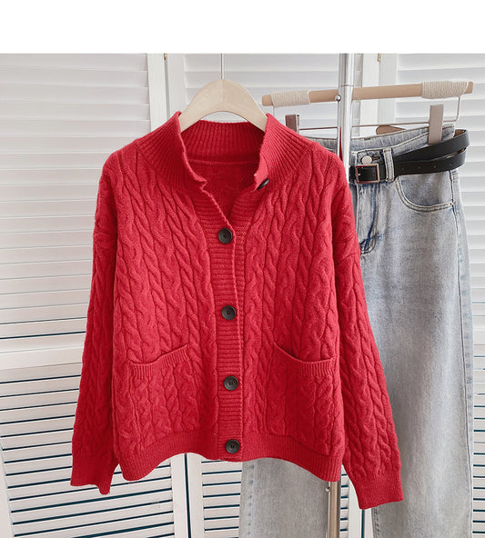 Pull col rond torsadé design tempérament haut simple boutonnage 6160