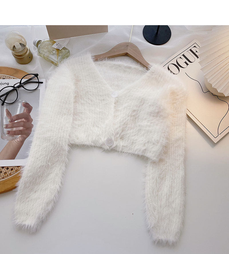 Korean small short V-Neck long sleeve thin temperament top  5950