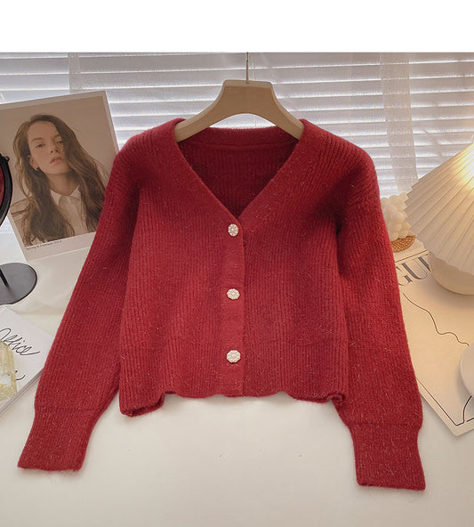 Haut vintage en tricot à manches longues et col en V 5874