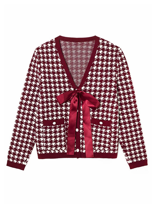 Manteau tricoté slim à manches longues et col en V avec nœud en ruban et mousseline de soie 7224