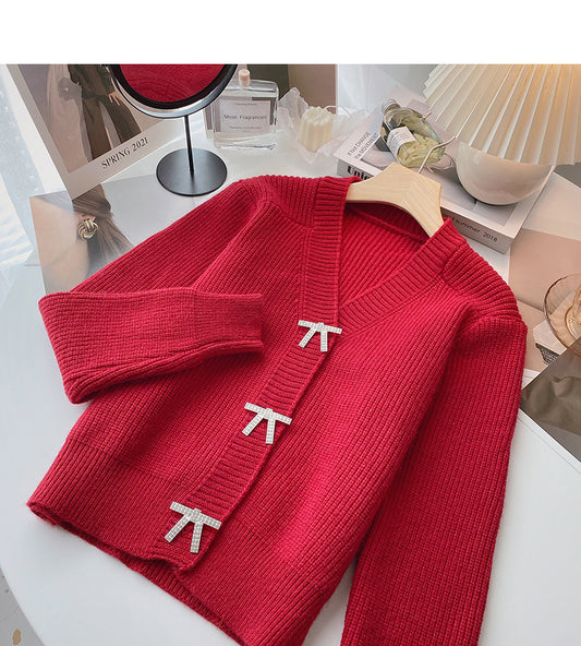 Cardigan à col en V pour femme avec nœud coréen et boutons 6176