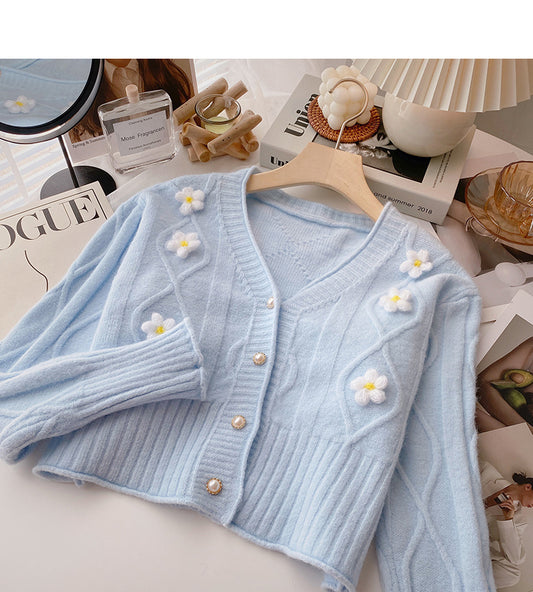 Cardigan tricoté à col en V avec motif tridimensionnel Floret 6475