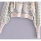 Vintage jacquard sweater womanly open navel bubble sleeve sweater  7296