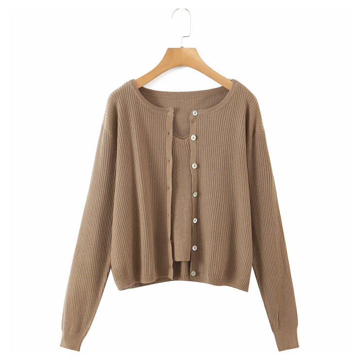 V-neck suspender T-shirt button long sleeve cardigan two piece set  7275