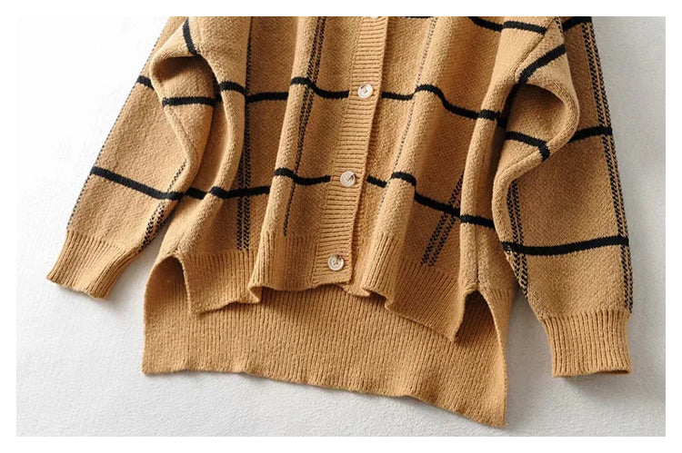 Nouveau manteau cardigan en tricot à carreaux contrastés à col en V paresseux 7305