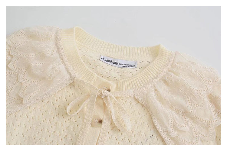 Pull col poupée en dentelle douce manteau pull femme 7337