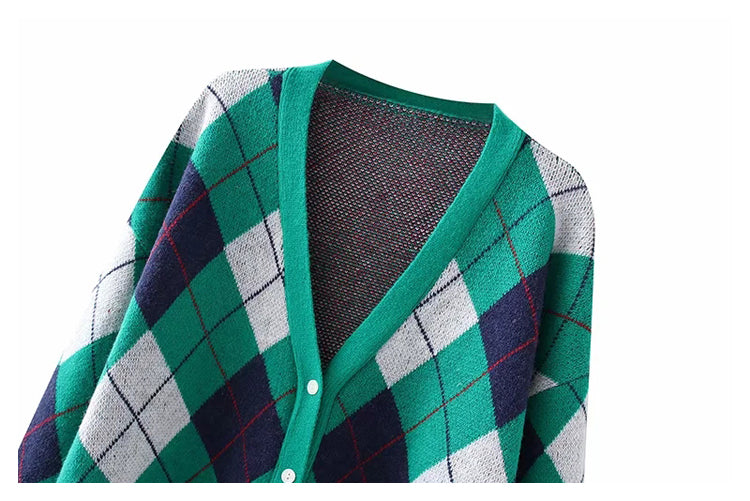 Manteau cardigan ample en tricot à manches longues et col en V avec boutons à carreaux en losange 7362