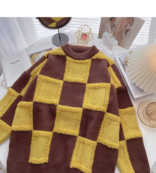 Pull floqué à carreaux vintage contrasté pour femme 5993 