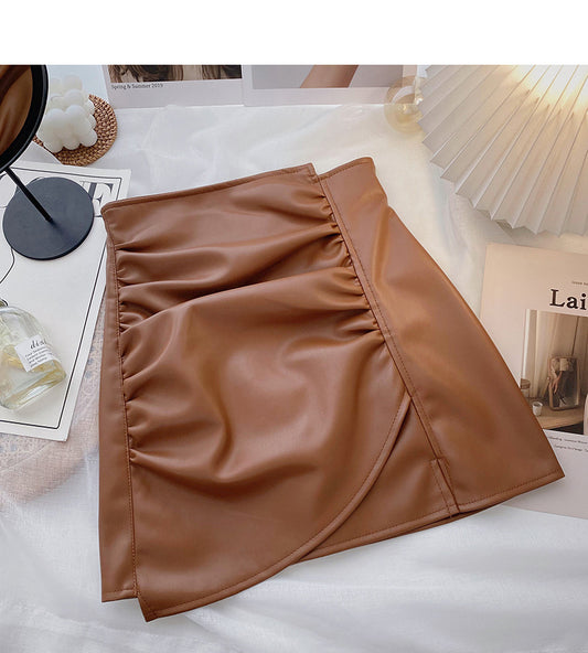 Korean high waist pleated design, irregular, slim, hip wrapped leather skirt  5530