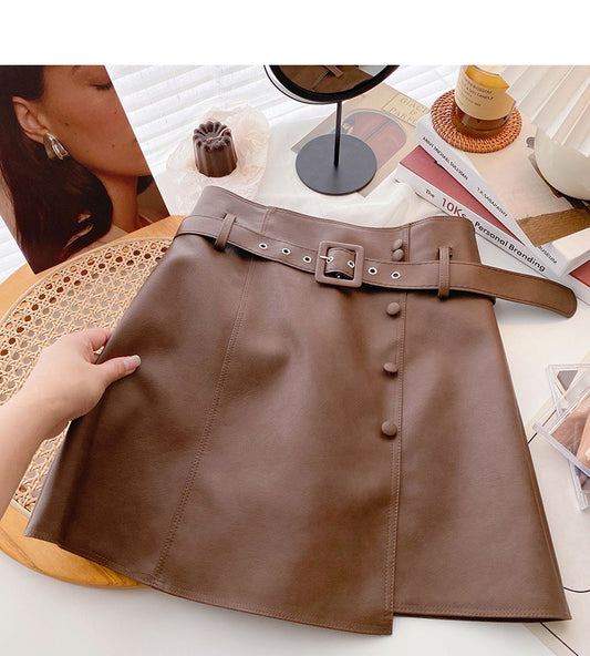 Korean fashion irregular button high waist thin wrap hip leather skirt  5532