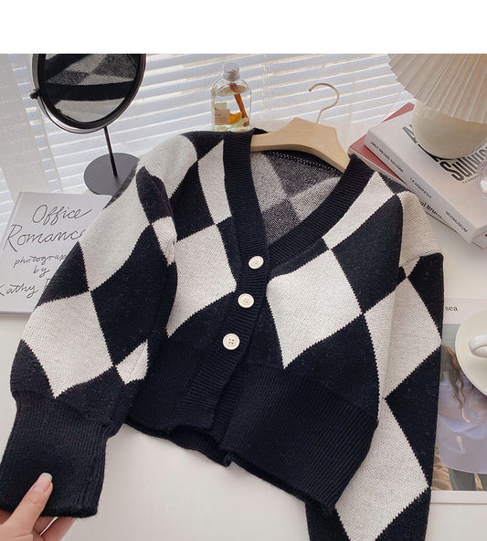 Cardigan ample à manches longues à carreaux à blocage de couleurs rétro à la mode 6007
