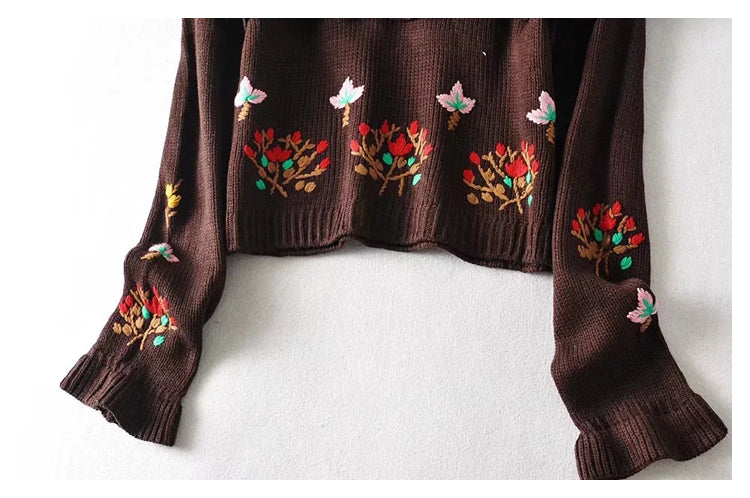 High waist floral embroidery layered decorative loose knit  7408