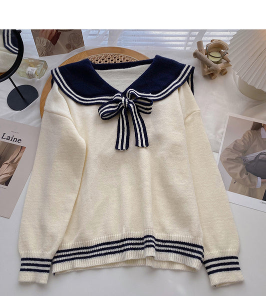 Pull col bleu marine à lacets contrastés femme 6075