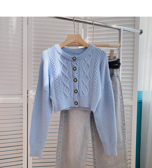 Pull court torsadé taille haute, cardigan simple boutonnage 6139
