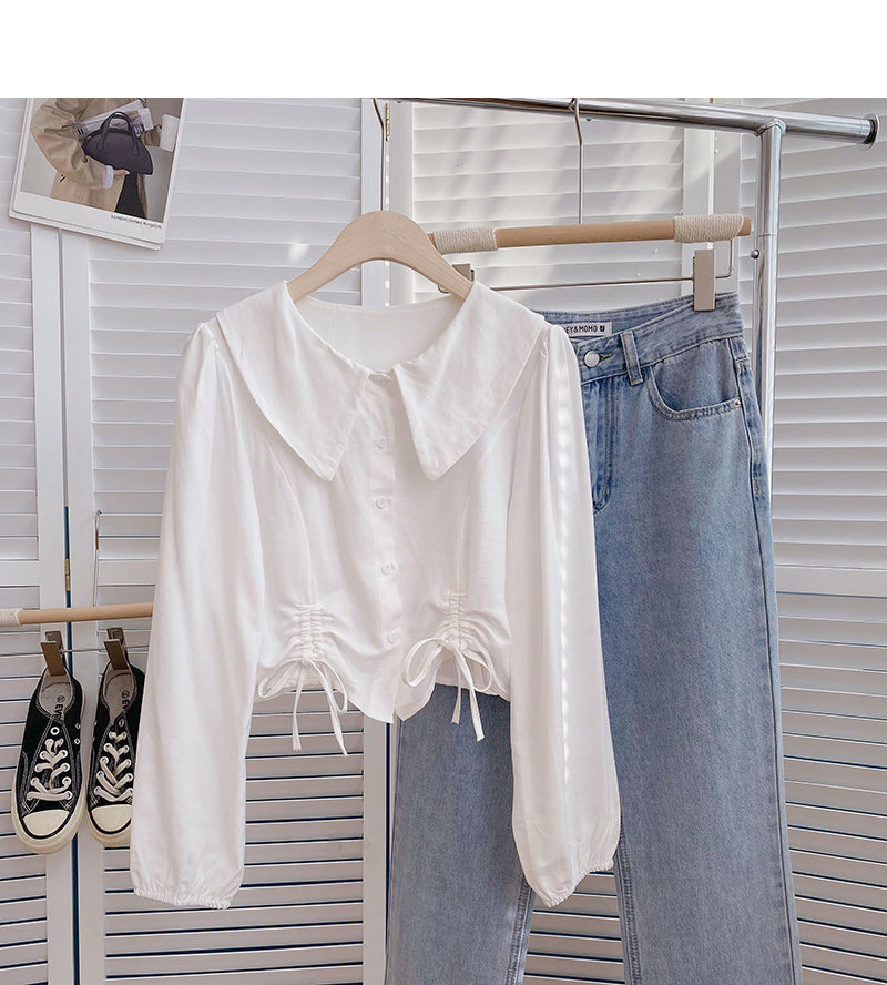 Baby collar single breasted shirt drawstring short slim top  6376