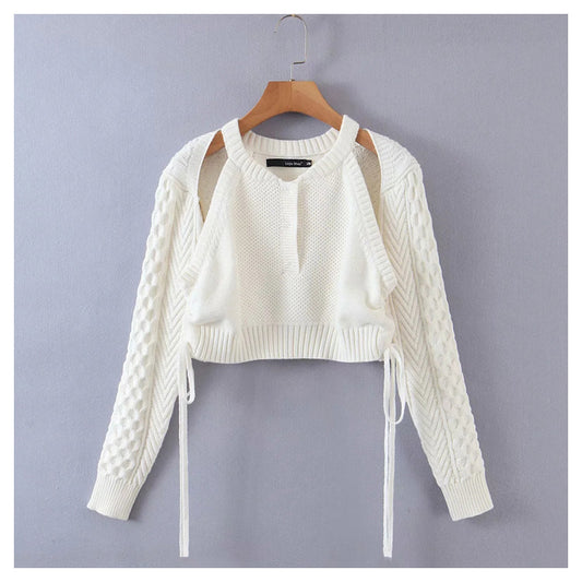 Pull tricoté à manches longues avec deux fausses clavicules creuses 7164