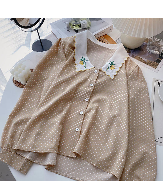 Small French Polka Dot Shirt Lapel embroidered shirt  6266