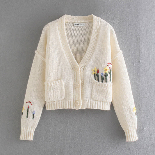 Manteau tricoté en jacquard fleuri à manches longues et col en V 7355