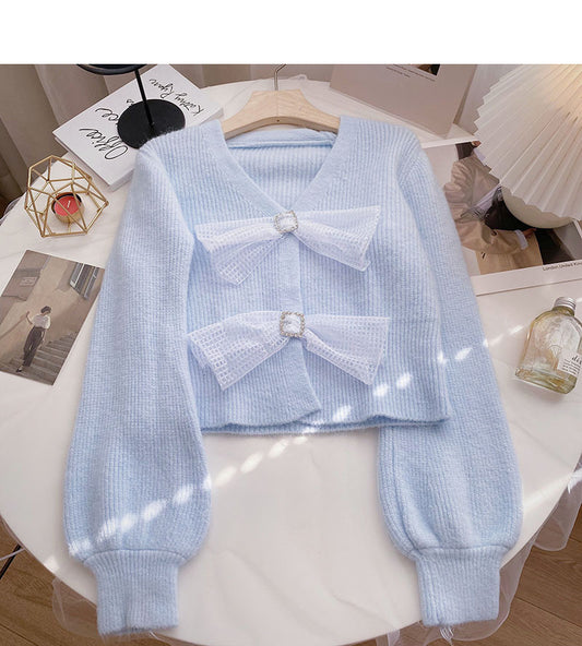 Haut col en V à nœud de couleur unie de style étranger doux et paresseux 6134