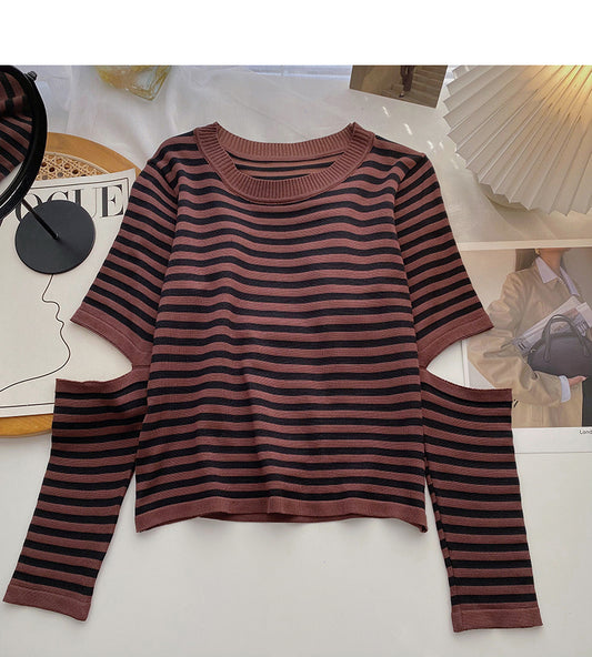 Pull à manches longues ajouré avec design sensuel et haut rayé slim 6602