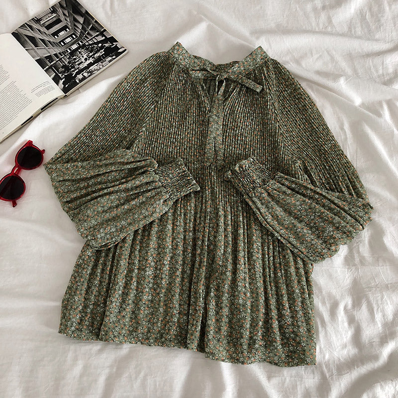 Lace up V-neck crimped Floral Chiffon Blouse  6237