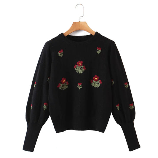 Pull col rond brodé de fleurs rétro paresseux 7328