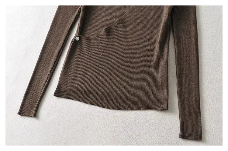 Cardigan tricoté polyvalent de couleur pure à col rond irrégulier et coupe ajustée 7367