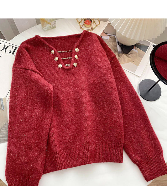 Pull-over personnalisé à manches longues et col en V en soie brillante au design de niche 6047