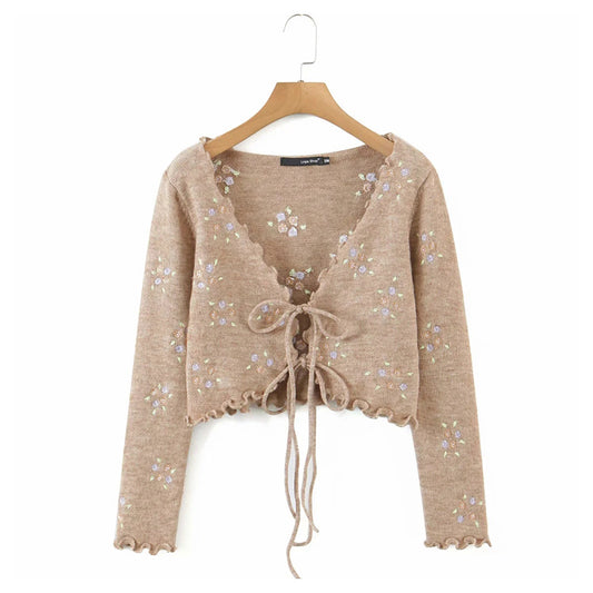 Haut cardigan en tricot slim à lacets avec bordure brodée de fleurs de champignon rétro français 7258