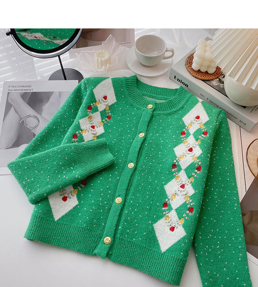 Cardigan ras du cou à motif floral brodé vintage contrasté 6078