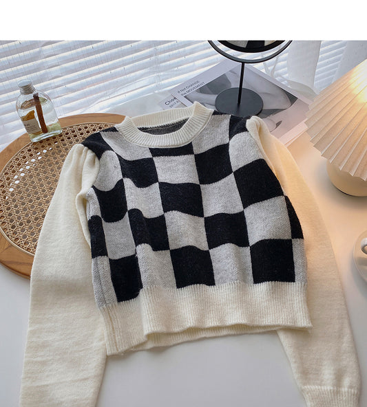 Pull à carreaux rétro style échiquier de Hong Kong 5925