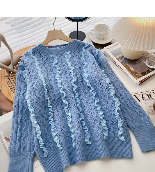 Pull en dentelle ondulée au design sens du design, haut ample et doux à col ras du cou 6088
