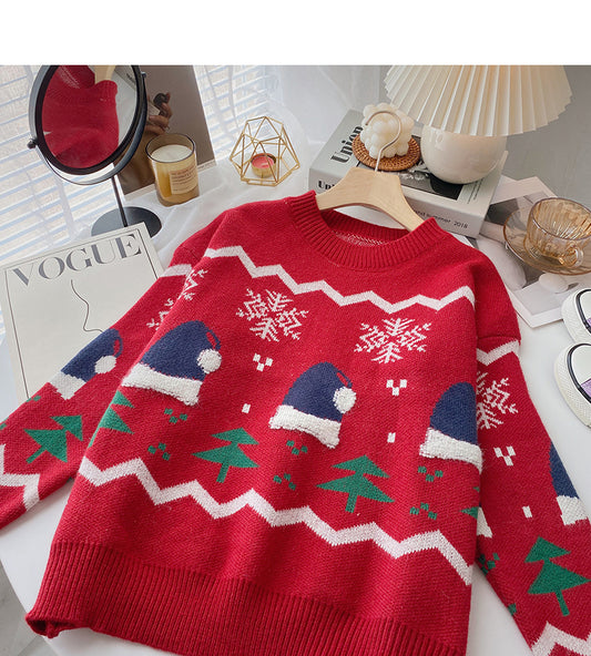 Pull à manches longues en jacquard contrasté avec chapeau de Noël 6161