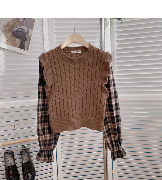 Pull à manches longues en lin tricoté à carreaux vintage 6141