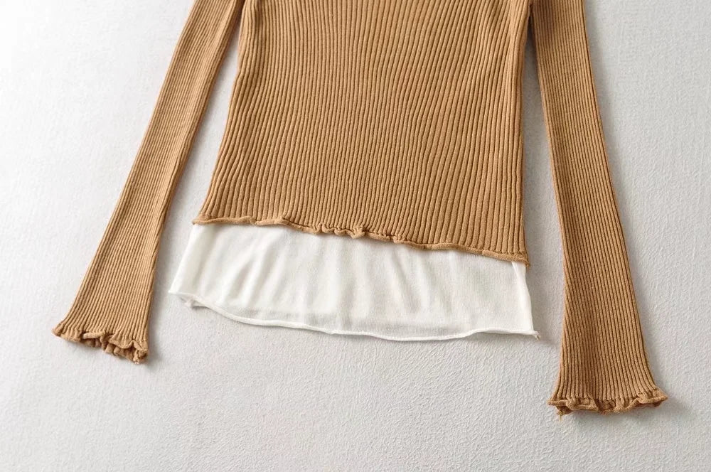 Design sense versatile fake two off shoulder contrast slim fit knitwear  7386