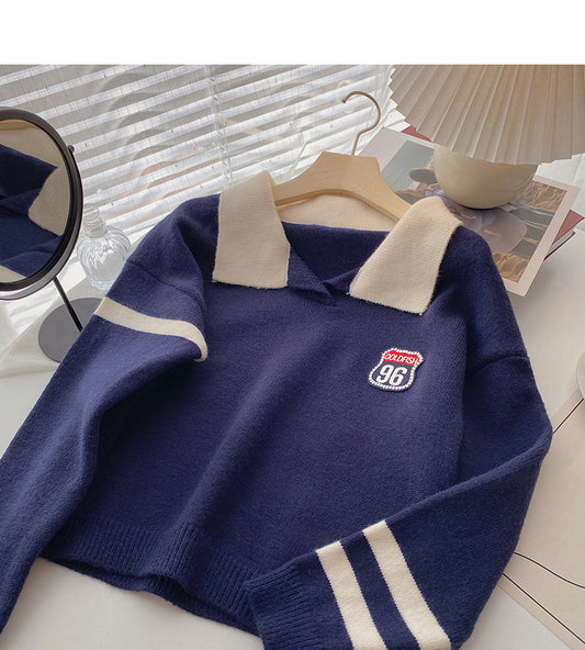 Pull à manches longues à revers assorti de couleur mince et anti-âge 5912