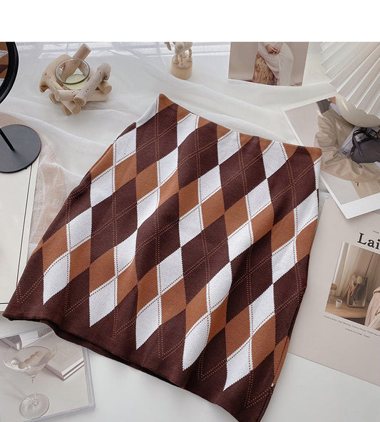 Retro lazy contrast color rhombic lattice Thin High Waist Hip Wrap Skirt  5569