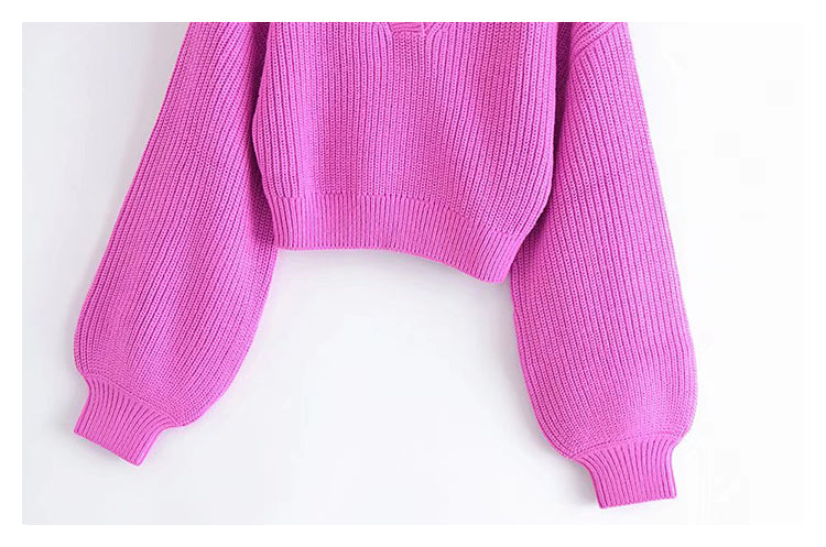 Lapel V-neck Lantern Sleeve Sweater Vintage short sweater  7349
