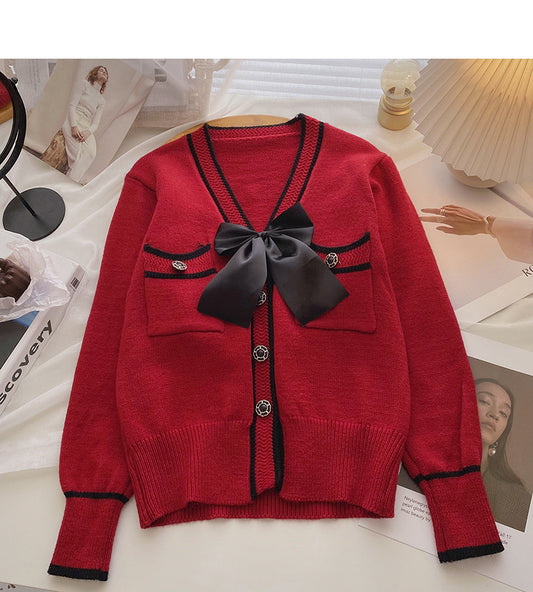 Pull cardigan vintage à col en V et manches longues 6199