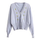 Manteau cardigan court en tricot à manches longues et col en V brodé 7402