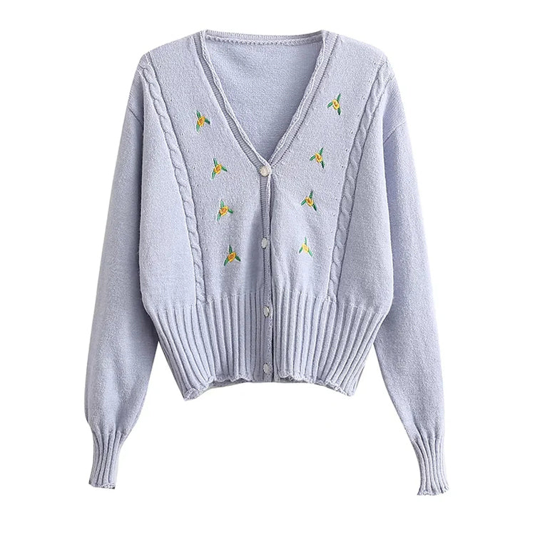 Manteau cardigan court en tricot à manches longues et col en V brodé 7402