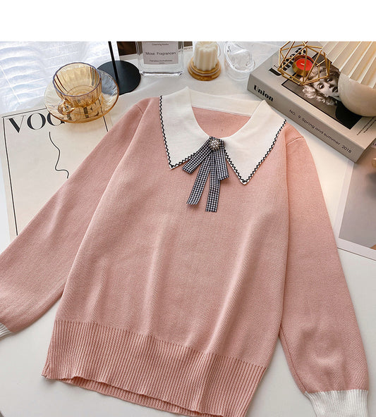 T-shirt à manches longues avec design Sense Nail Bead Contrast Bow Top 6605