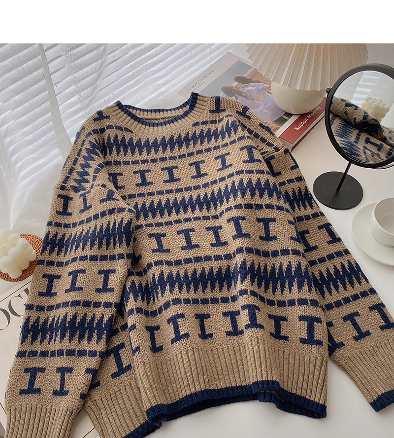 Lazy Hong Kong retro contrast color round neck long sleeve loose top  5963