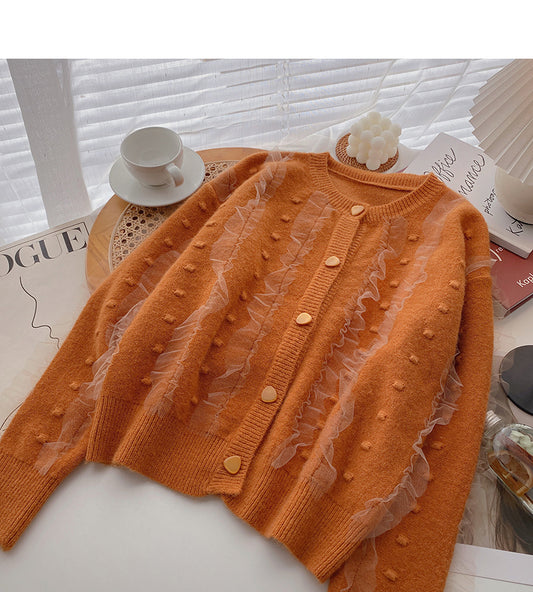 Haut à manches longues et boutonnage simple avec bordure en dentelle pour minorité coréenne 5990