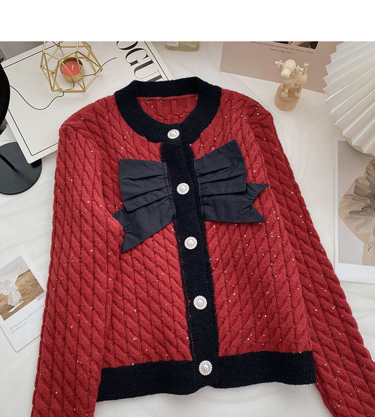 Pull torsadé à col rond parfumé avec petit nœud papillon et couleur assortie 6064