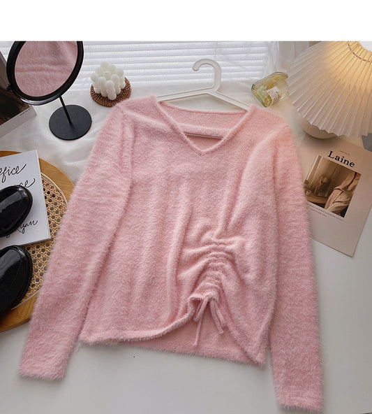 Pull imitation vison niche col V cordon de serrage haut slim 6577