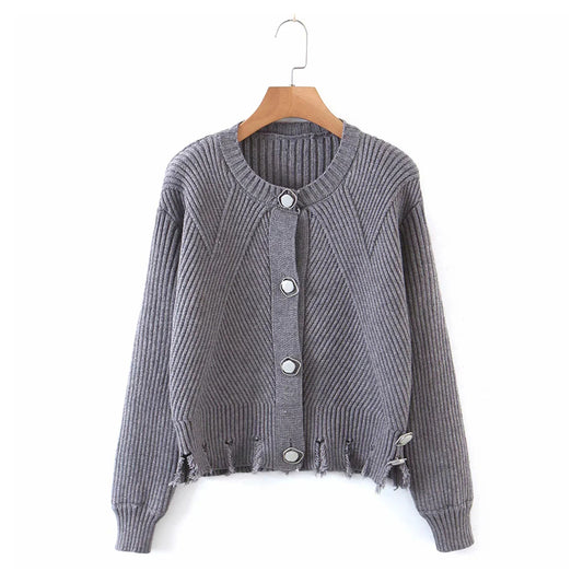 Pull cardigan en tricot à manches longues et col rond avec boutons irréguliers 7358
